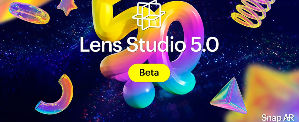 Lens Studio 5.0 Beta Ankündigung, Schriftzug und bunte Symbole hinter Button mit Aufschrift Beta