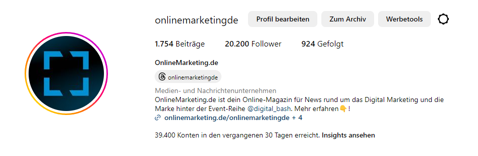 Auch OnlineMarketing.de ist für Threads registriert, kann in der App aber noch nicht handeln, Screenshot des Instagram-Profils mit Threads Handle