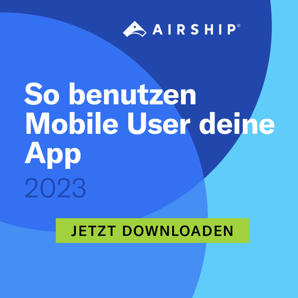 Airship Consumer Report 2023 Artikelbild, Schriftzüge, Airship-Logo, grüner Button, blauer Hintergrund