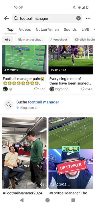 TikTok-Suche nach "Football Manager" und Integration der Bing-Suchergebnisse, Screenshot TikTok App 