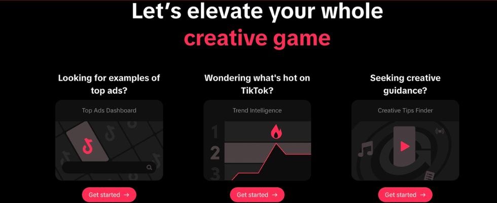Übersicht zu TikToks Creative Assistant, Grafiken und Text vor schwarzem Hintergrund