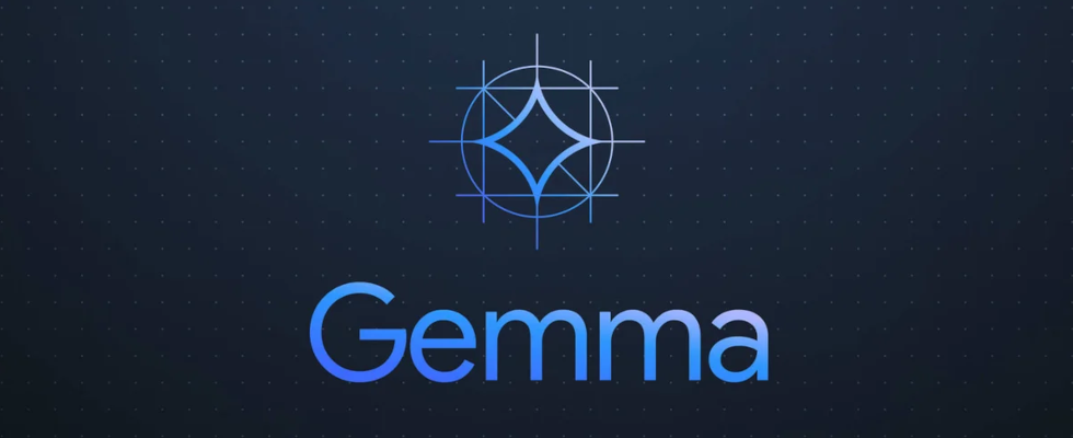 Gemma-Schriftzug und -Logo von Google, blauer Hintergrund mit Punkten