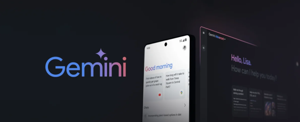 Google Gemini, Smartphone Mockups und Gemini-Schriftzug