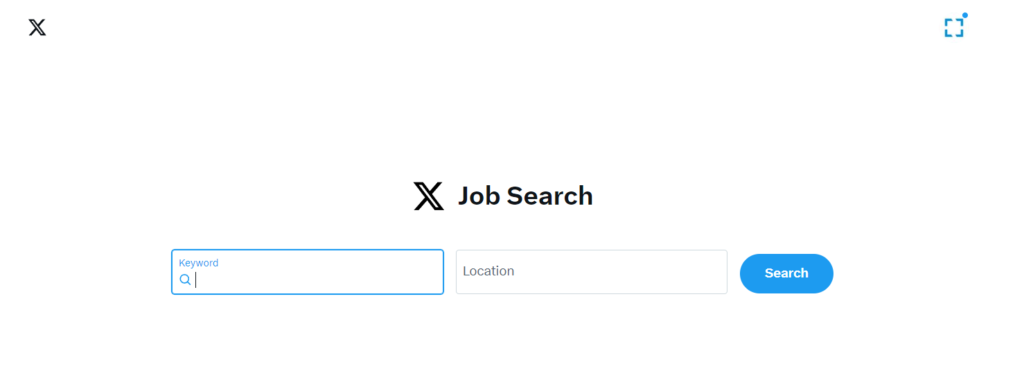 Die Jobsuche auf X, Screenshot X Hiring/Twitter Jobs, Eingabefelder und X-Logo, Text und Button mit CTA Search