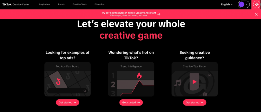Beispiele für die Kreationshilfe des Creative Assistant, © TikTok, schwarzer Hintergrund, Grafiken, CTA Button, Textelemente, rot und weiß