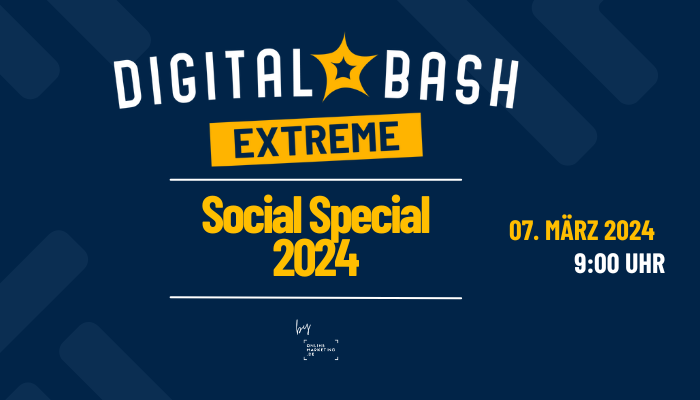 Digital Bash EXTREME – Social Special-Grafik, blauer Hintergrund, Schriftzüge, Logos