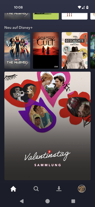 Disney+ weist in der App auf die Sammlung zum Valentinstag hin, Screenshot aus der App