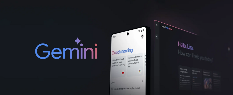 © Google, Gemini-Schriftzug, Tablet- und Smartphone-Mockup mit Gemini darauf, dunkler Hintergrund