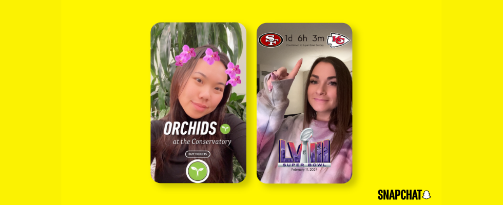 Gesponserte AR-Filter auf Snapchat, gelber Hintergrund, Smartphone Mockup
