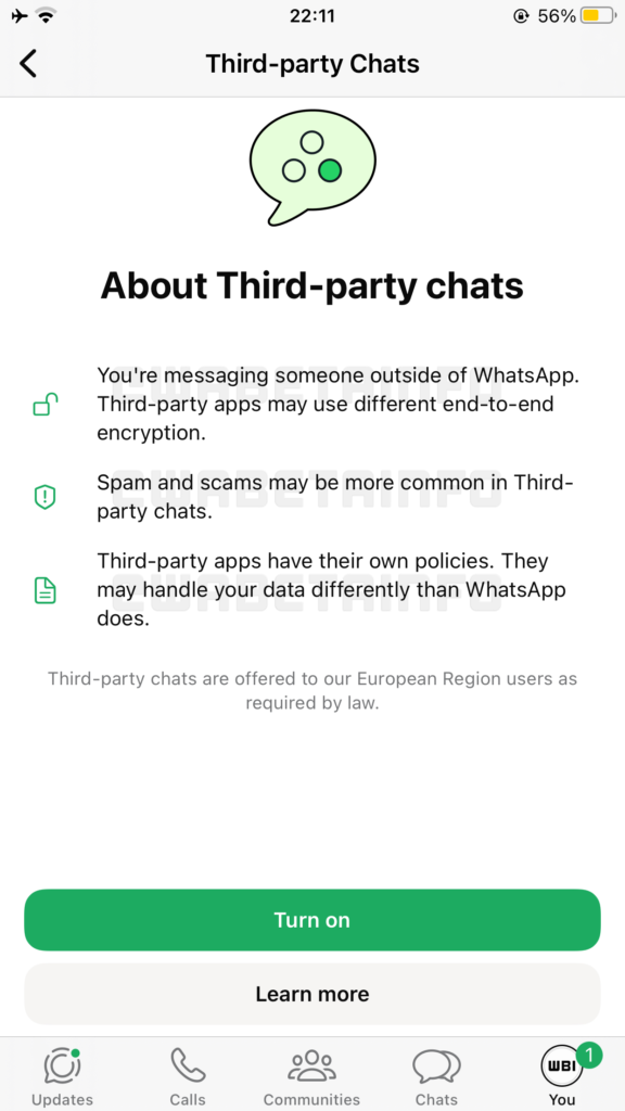 So sieht WhatsApps Informations-Pop-up zur Interoperabilität aus, © WABetaInfo, Smartphone Mockup, grün, Text
