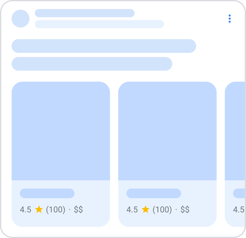 So können die Rich Results Carousels aussehen, © Google, Karussellformat mit blauen Elementen, schwarzer Text, weißer Hintergrund