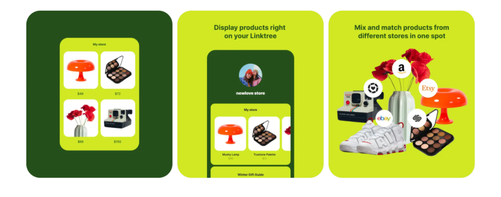 So sehen die LInktree Shops aus, © Linktree, Grafik mit Produkten vor grünem Hintergrund, drei Grafiken, Logos und Schriftzüge