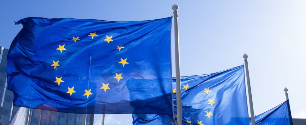© ALEXANDRE LALLEMAND - Unsplash, Europaflaggen hintereinander, blauer Hintergrund, Himmel