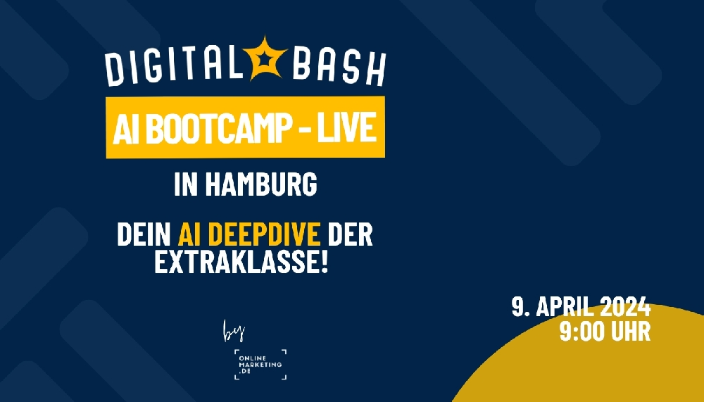 Digital Bash AI Bootcamp LIVE-Grafik, blauer Hintergrund, gelbe Elemente, Digital Bash-Logo, Schriftzüge in Weiß, OnlineMarketing.de-Logo