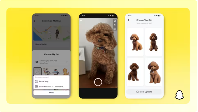 Screenshot der neuen Haustier-Bitmoji-Funktion auf einem Smartphone vor gelben Hintergrund