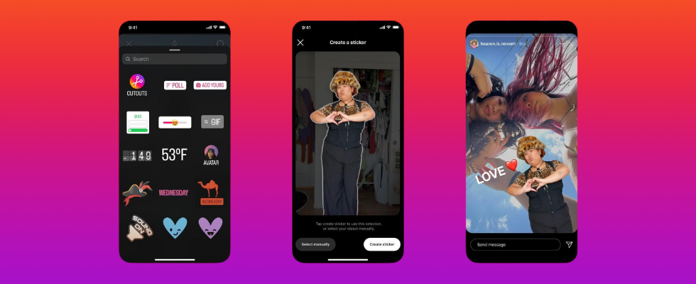 Sticker-Option Cutout von Instagram auf Smartphone Mockups, Farbvelauf im Hintergrund, violett-orange, © Instagram via Canva