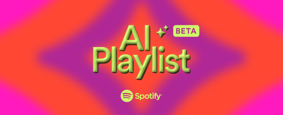Spotify AI Playlist, © Spotify, Schriftzug AI Playlist Beta und das Logo von Spotify auf rot-lila Hintergrund