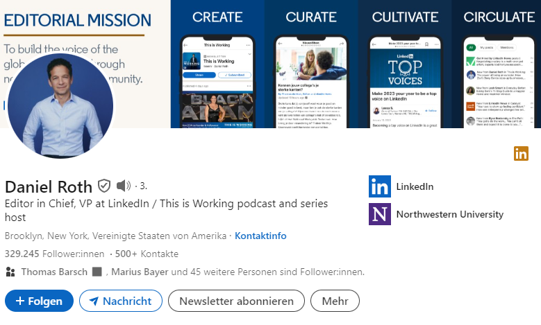 Screenshot des LinkedIn-Profils von Daniel Roth, Chefredakteur von LinkedIn, mit CTA Button für Newsletter-Abonnement