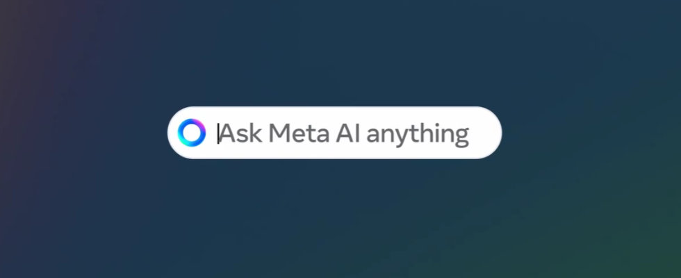 © Meta via Canva, Meta AI-Frageleiste mit Logo und Schriftzug, dunkler Hintergrund