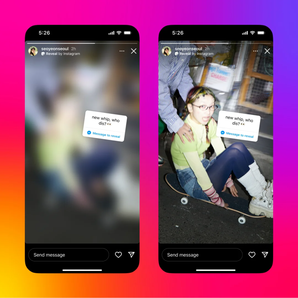 Reveal Sticker auf Instagram, © Instagram, Smartphone Mockups mit Stickern von Farbverlauf, violett-orange