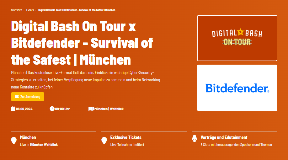 Ausschnitt der Startseite zum Event in München, Grafik mit Logos von Digital Bash, Bitdefender, Schriftzüge, orangefarbener Hintergrund