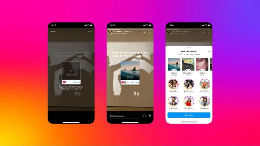 Add Yours Music Sticker auf Instagram, © Instagram, Smartphone Mockups mit Stickern von Farbverlauf, violett-orange