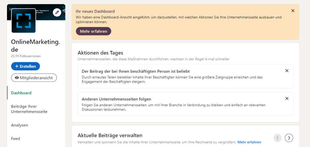 Dashboard der OnlineMarketing.de-Unternehmensseite auf LinkedIn, Screenshot der Web-Version