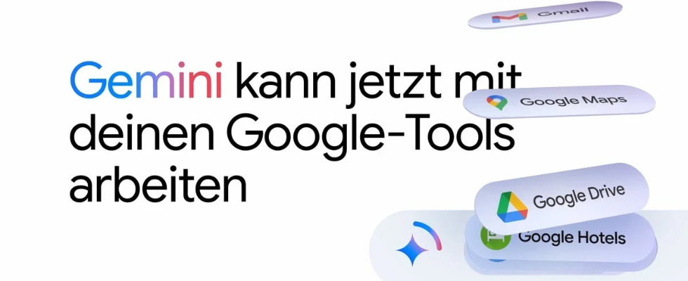 Google Gemini Integrationen, © Google, Grafik mit Icons der Google-Dienste, Schriftzug und Gemini-Logo
