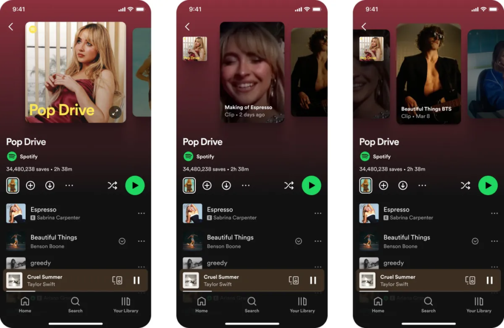 Clips im Karussell über einer Playlist auf Spotify, © Spotify, Smartphone Mockups mit Playlists und Videos