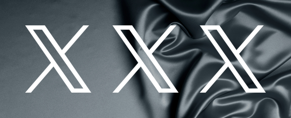 Drei weiße X-Logos vor schwarzgrauem Hintergrund, Laken angedeutet