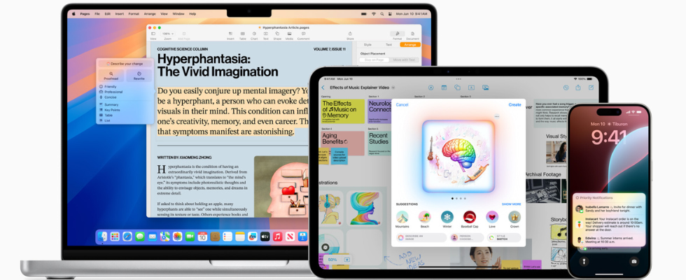 Laptop, Tablet und iPhone mit bunten Screens, die Apple Intelligence Features darstellen, weißer Hintergrund