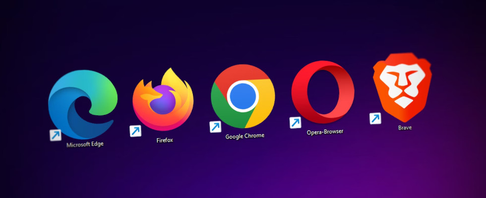 Browser-Logos von Edge, Firefox, Chrome, Opera und Brave vor violettem Hintergrund, © Denny Müller - Unsplash