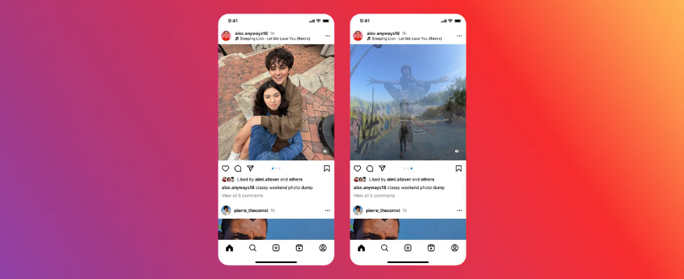 Hintergrund im Instagram-Farben-VCerlauf. Zwei Sceenshots von Karussell-Posts auf Instagram