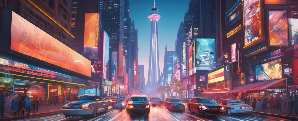 KI-generiertes Bild einer Umgebung ähnlich des Times Square mit Gebäuden, Autos und Leinwänden