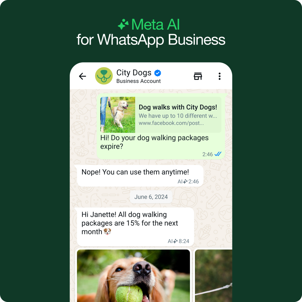 So kann es aussehen, wenn die Meta AI für WhatsApp Business einem Unternehmen hilft, © WhatsApp , Smartphone Mockup mit AI-Konversation im Chat