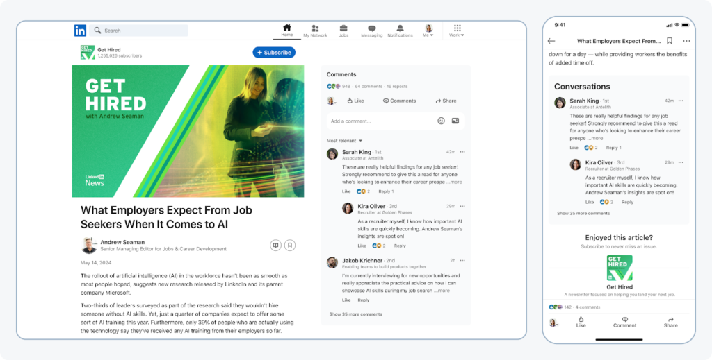 Das neue LinkedIn Newsletter-Design (mit einem Klick aufs Bild gelangst du zur größeren Ansicht), © LinkedIn, Screen und Smartphone Mockup mit Text und Bildern 