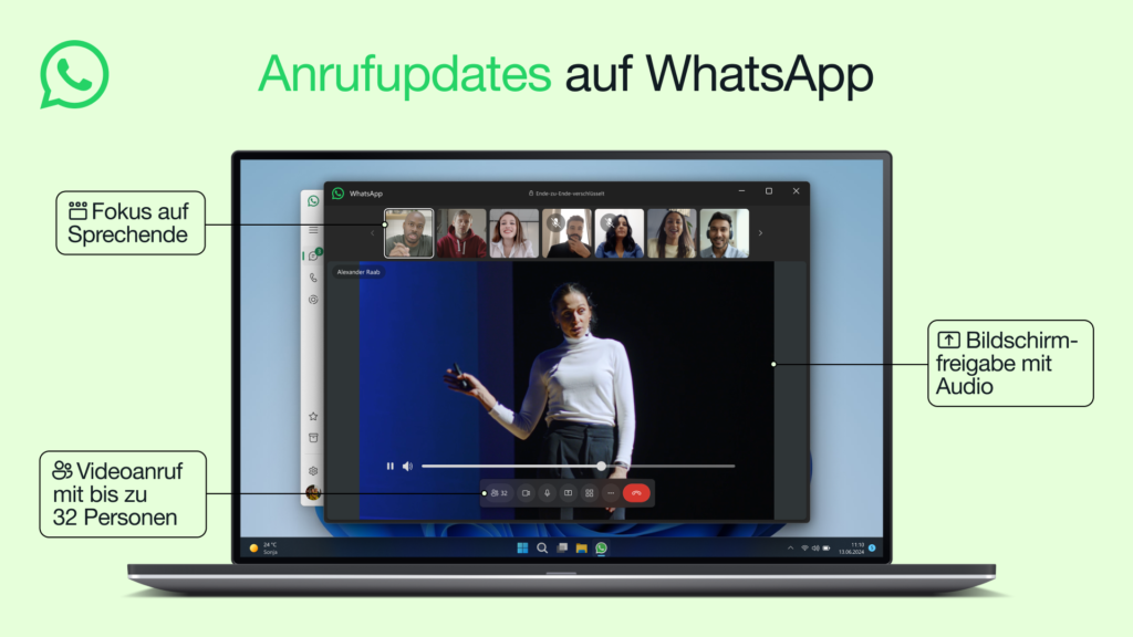 WhatsApp-Anruf auf Laptop-Screen, mehrere Personen zu sehen, grüner Hintergrund, © WhatsApp