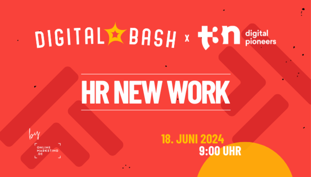 Digital Bash x t3n-Grafik, roter Hintergrund, Schriftzug HR New Work und Logos der Unternehmen , Datum und Grafikelemente