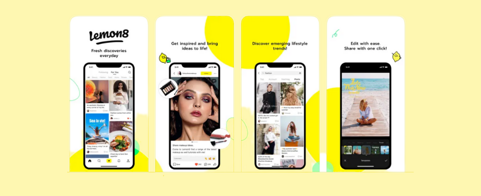 © Lemon8 via Canva, Smartphone Screen Mockups mit Lemon8 Features, Fotos und Text, gelber Hintergrund