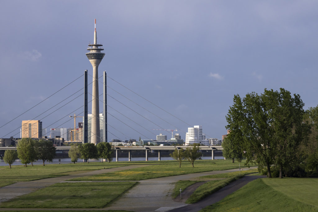 Blick auf Skyline Düsseldorfs, grüner Bereich davor 