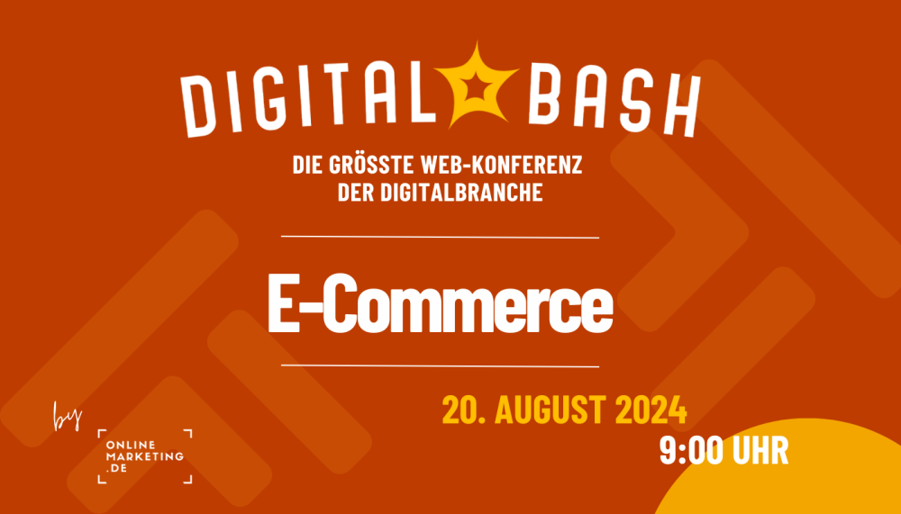 Grafik zum Digital Bash E-Commerce, orangefarbener Hintergrund, Schriftzüge und Logos in Weiß und Gelb, 