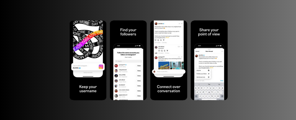 © Meta, App Store via Canva, 4 Smartphone Mockups mit Threads Screens, Farbverlauf (schwarz-grau) im Hintergrund