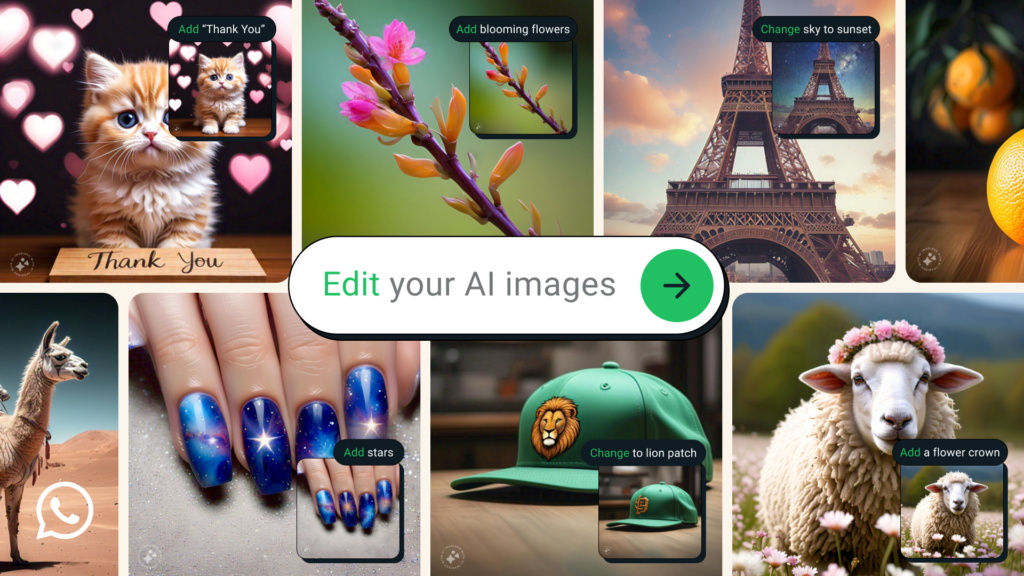 WhatsApp lässt User AI-Bilder bearbeiten, via Prompt, © WhatsApp, KI-generierte Bilder, Prompts in Leisten, Collage