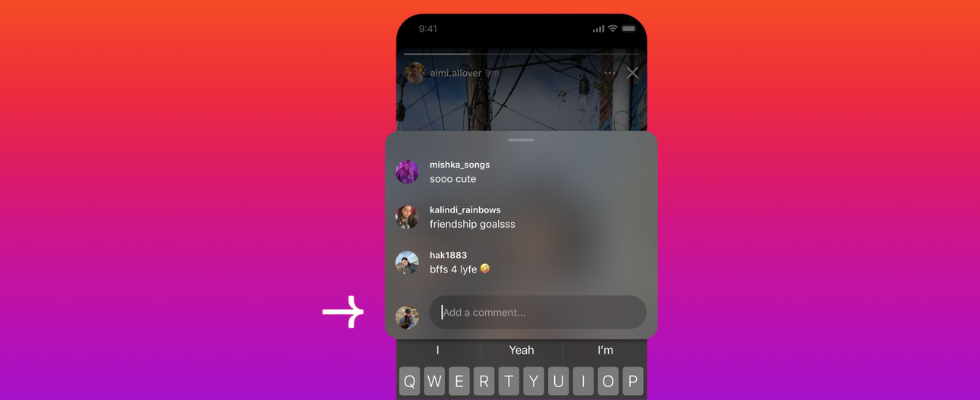 Smartphone Mockup mit Instagram Story samt Kommentaren, Farbverlauf im Hintergrund