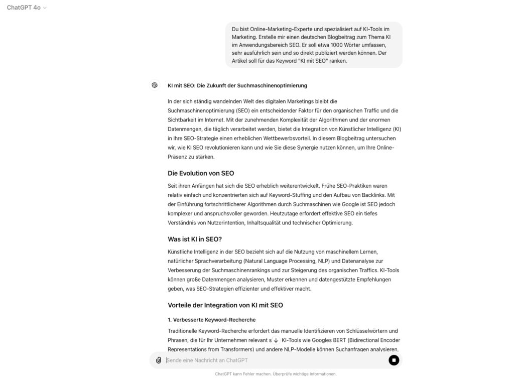 Screenshot von ChatGPT mit Prompt für einen Blog-Beitrag, © Kirsten Meisinger