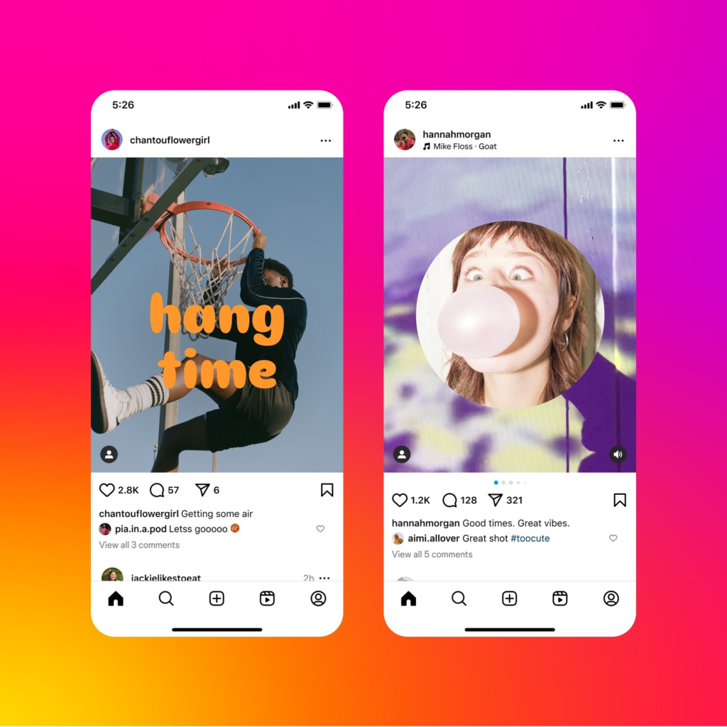 Text und Sticker in Feed Post Visuals auf Instagram, © Instagram, Smartphone Mockups mit Posts und Visuals sowie Text, orange-violetter Farbverlauf im Hintergrund