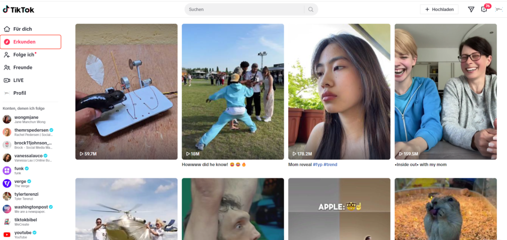 Der Erkunden-Feed ist für User in der EU auf dem Desktop verfügbar, eigener Screenshot des TikTok Explore Feeds auf dem Desktop, einzelne Videos neben Navigationsleisten links und oben