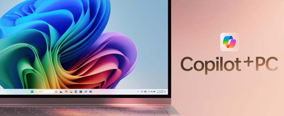 Microsoft PC mit Hintergrundbild, bunt, Schriftzug Copilot + PC, © Microsoft, Microsoft PC mit Hintergrundbild, bunt, Schriftzug Copilot + PC, © Microsoft