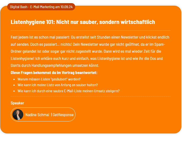 Nadine Schmal spricht beim nächsten Digital Bash – E-Mail Marketing über Listenhygiene, Ausschnitt der Website, orangefarbener Hintergrund, Foto von Nadine Schmal, Textelemente, weiß, 
