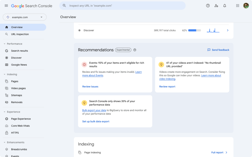 Die Übersichtsseite der Search Console samt Recommendations (mit einem Klick aufs Bild gelangst du zur größeren Ansicht), Google, Textelemente mit Icons und Tabellen